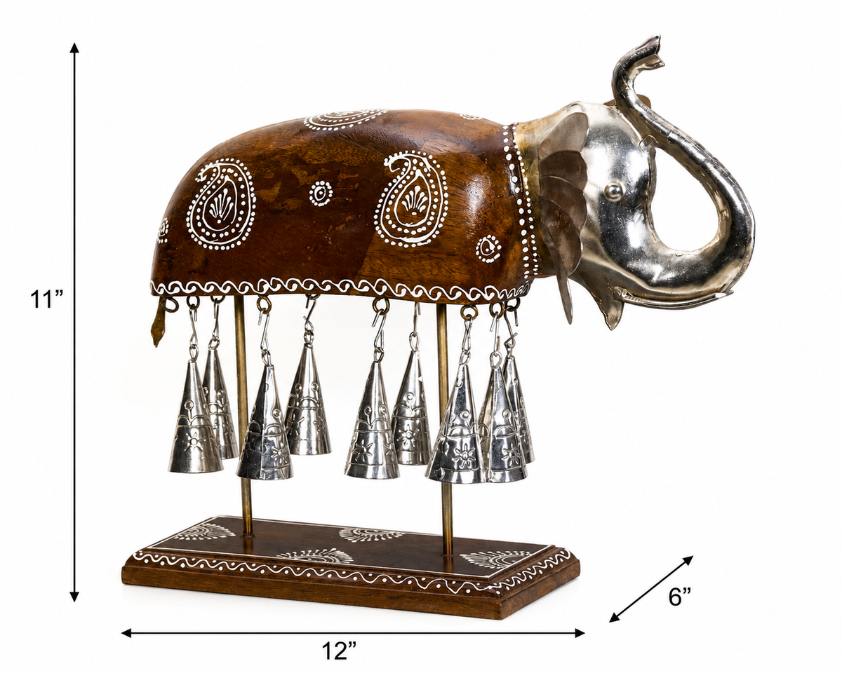 Decorative Handcrafted Elephant Sculpture with Hanging Bells – Brown Natural  Hand Painted Finish