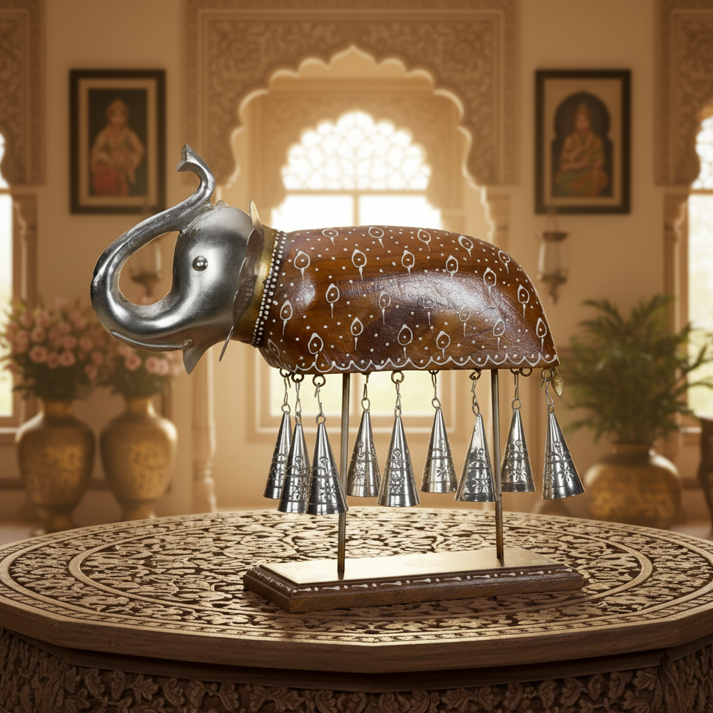 Decorative Handcrafted Elephant Sculpture with Hanging Bells – Brown Natural  Hand Painted Finish