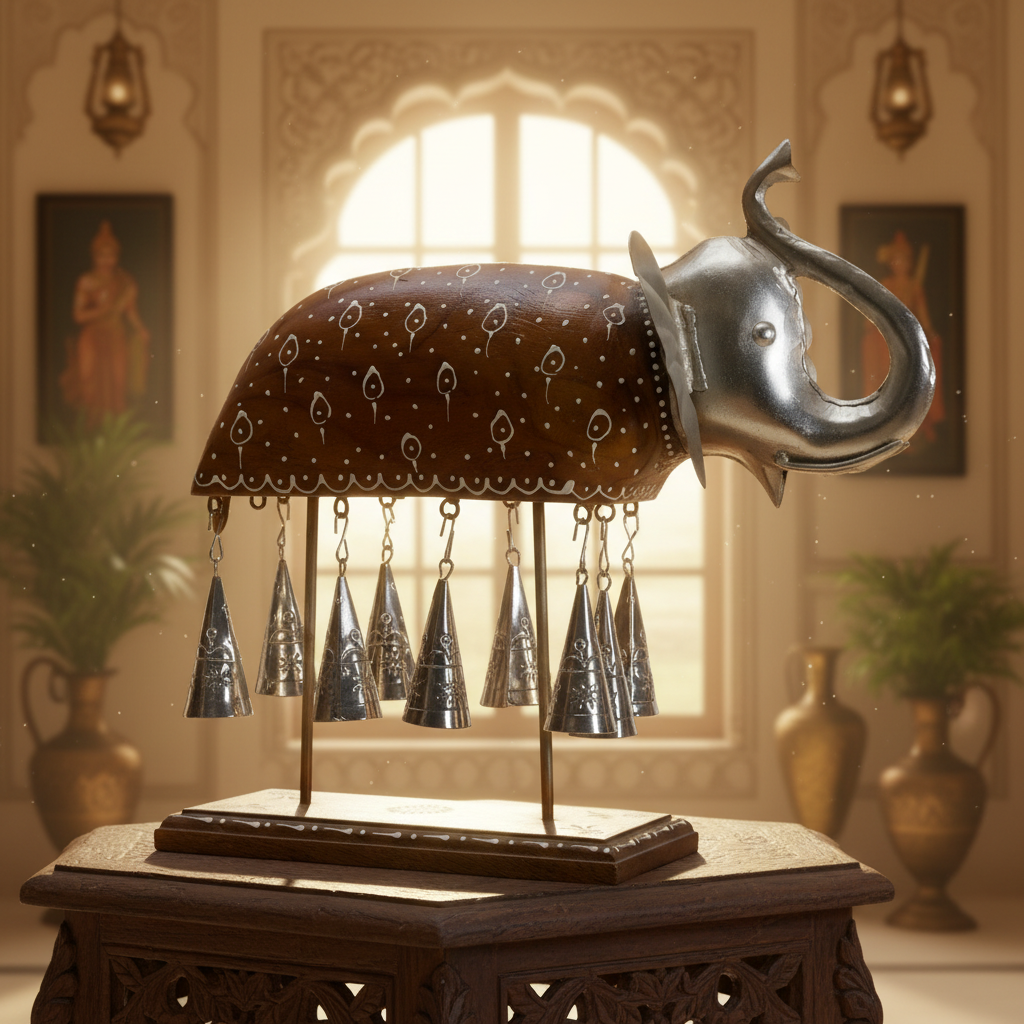 Decorative Handcrafted Elephant Sculpture with Hanging Bells – Brown Natural  Hand Painted Finish