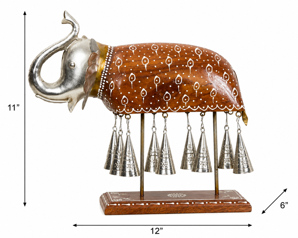Decorative Handcrafted Elephant Sculpture with Hanging Bells – Brown Natural  Hand Painted Finish