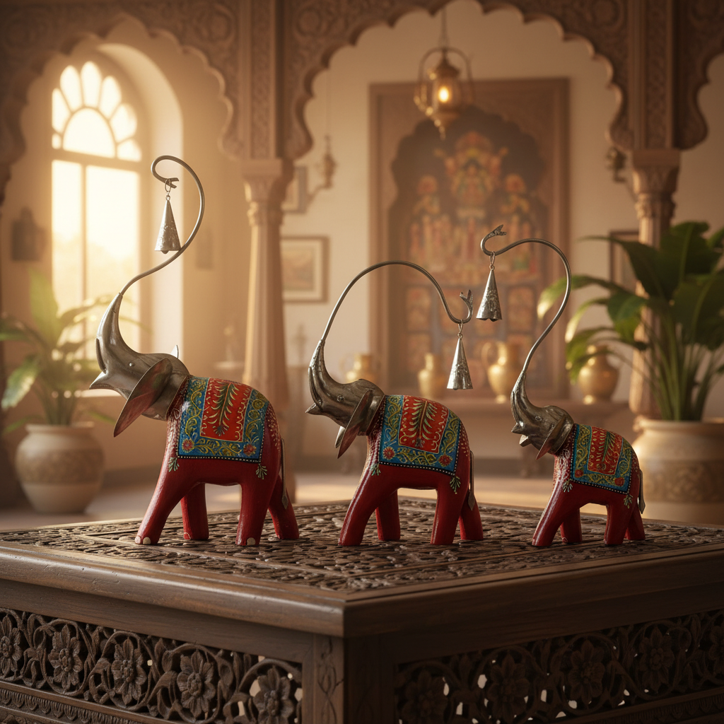 Decorative Handcrafted Elephant Figurine Set – Metal & Hand Painted Finish