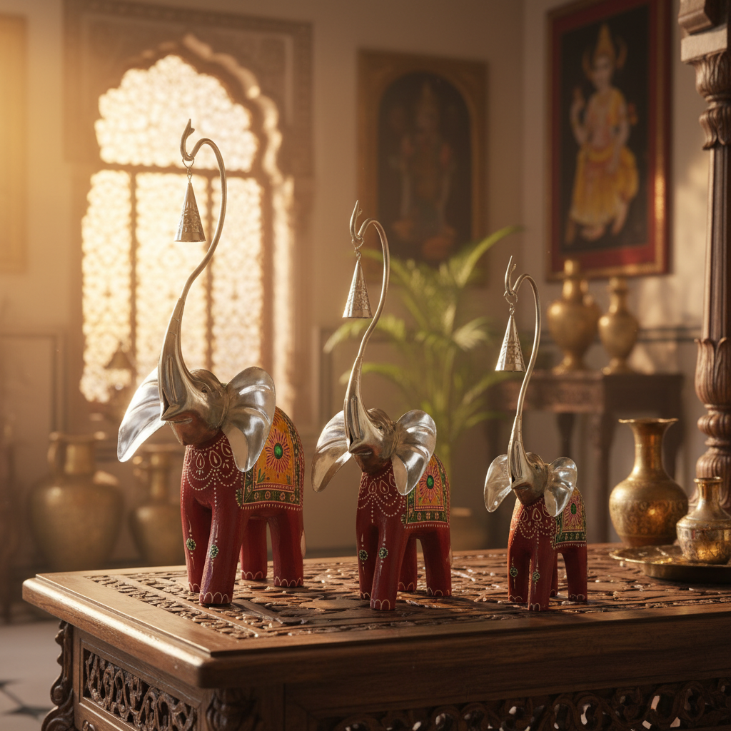 Decorative Handcrafted Elephant Figurine Set – Metal & Hand Painted Finish