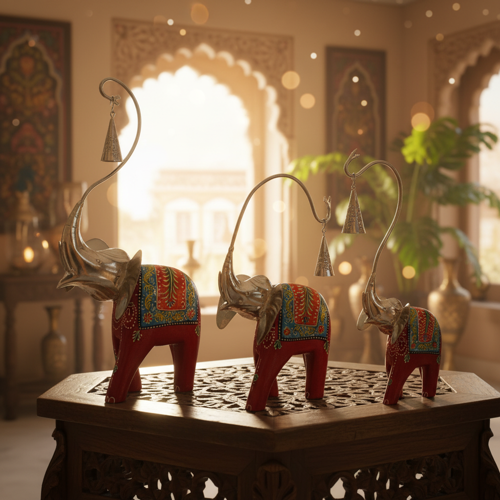 Decorative Handcrafted Elephant Figurine Set – Metal & Hand Painted Finish