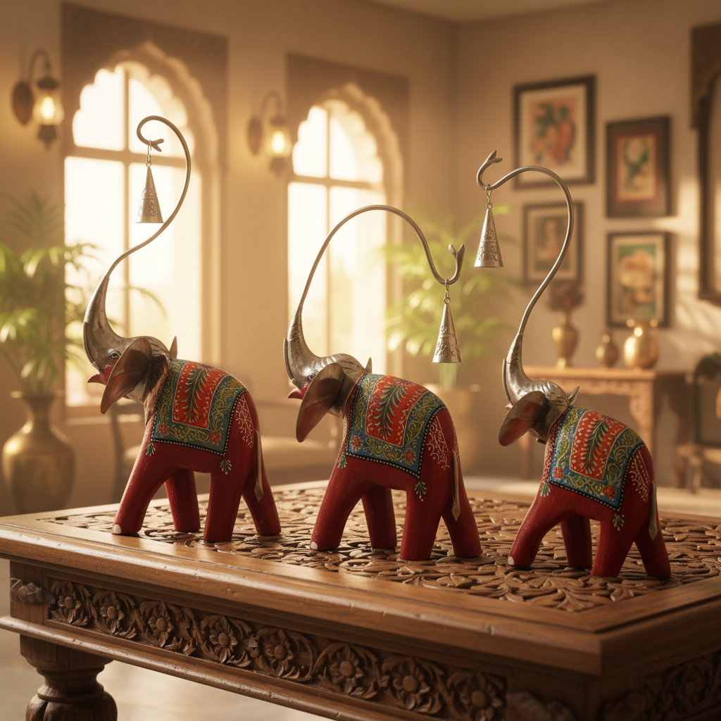 Decorative Handcrafted Elephant Figurine Set – Metal & Hand Painted Finish