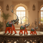 Decorative Handcrafted Elephant Figurine Set – Metal & Hand Painted Finish