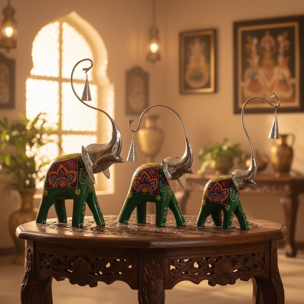 Decorative Handcrafted Elephant Figurine Set – Metal & Hand Painted Finish
