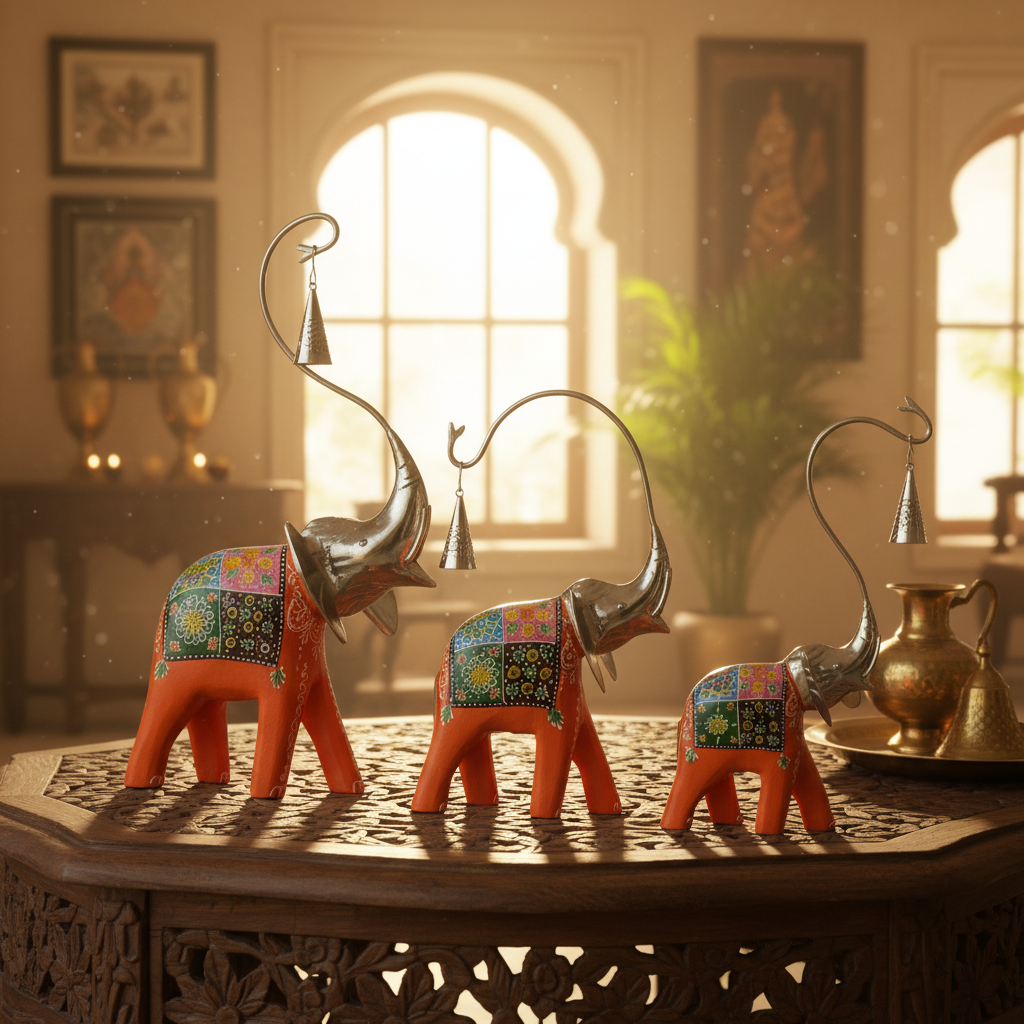 Decorative Handcrafted Elephant Figurine Set – Metal & Hand Painted Finish
