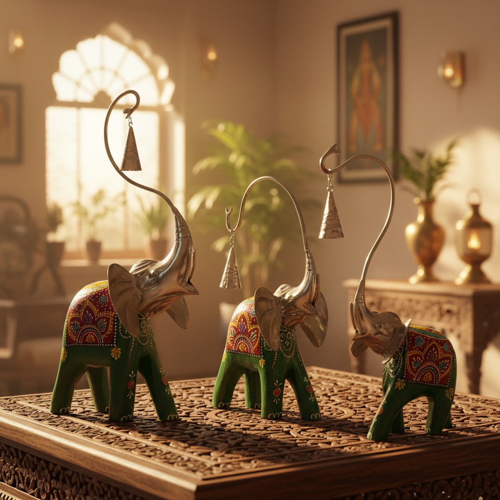 Decorative Handcrafted Elephant Figurine Set – Metal & Hand Painted Finish