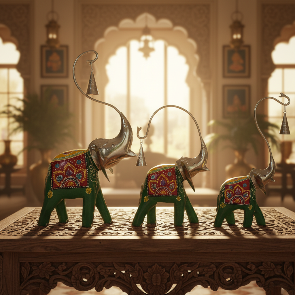 Decorative Handcrafted Elephant Figurine Set – Metal & Hand Painted Finish