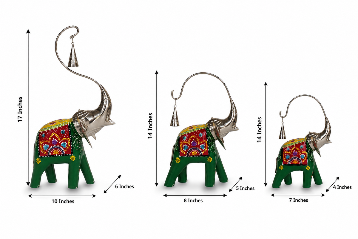 Decorative Handcrafted Elephant Figurine Set – Metal & Hand Painted Finish