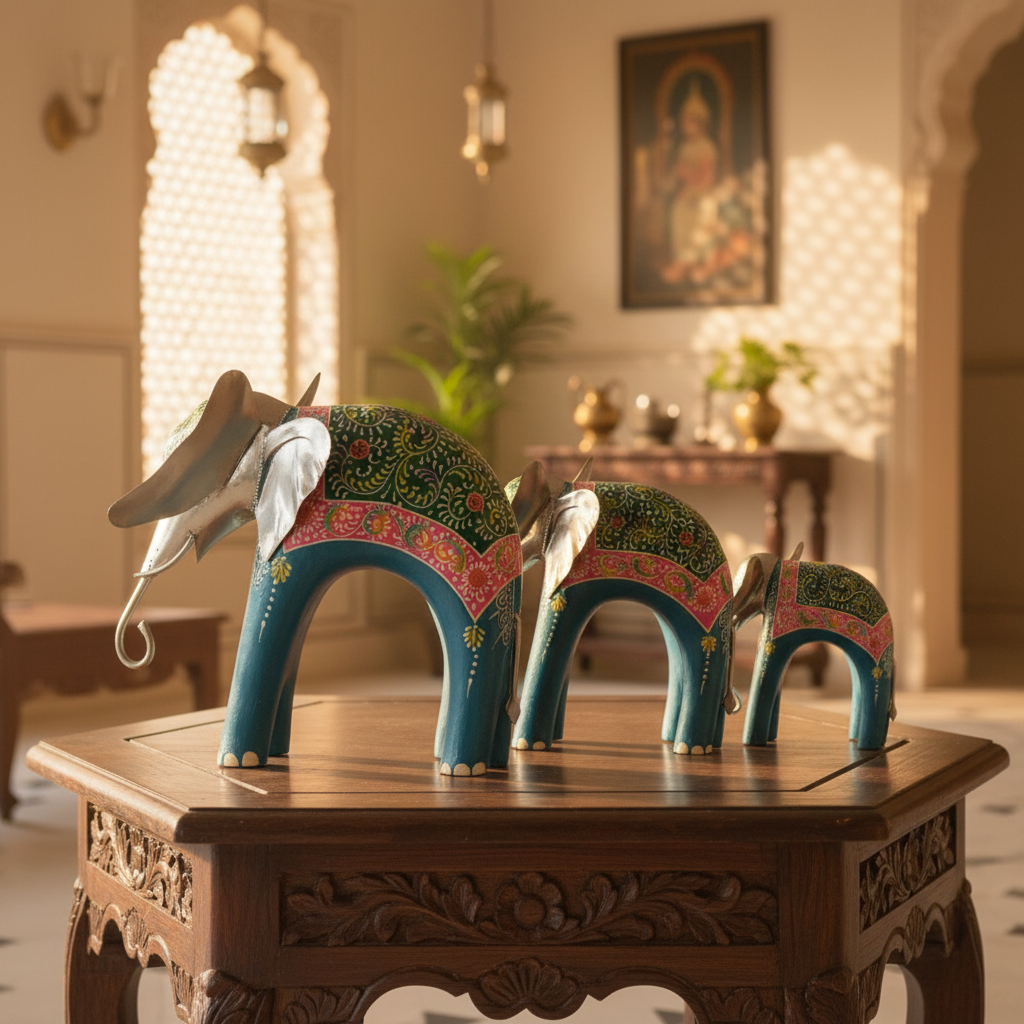 Decorative Handcrafted Elephant Figurine Set – Metal & Hand Painted Finish