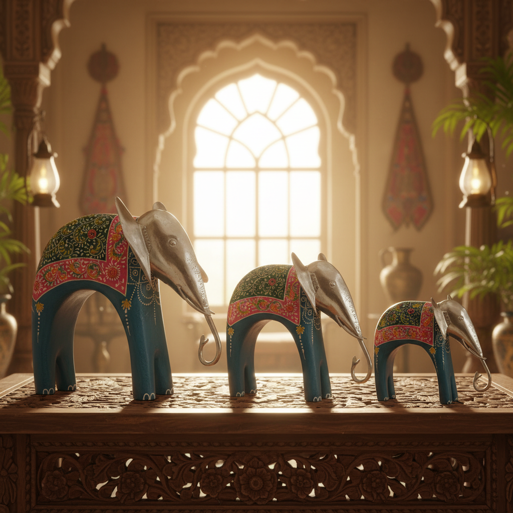 Decorative Handcrafted Elephant Figurine Set – Metal & Hand Painted Finish