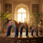 Decorative Handcrafted Elephant Figurine Set – Metal & Hand Painted Finish