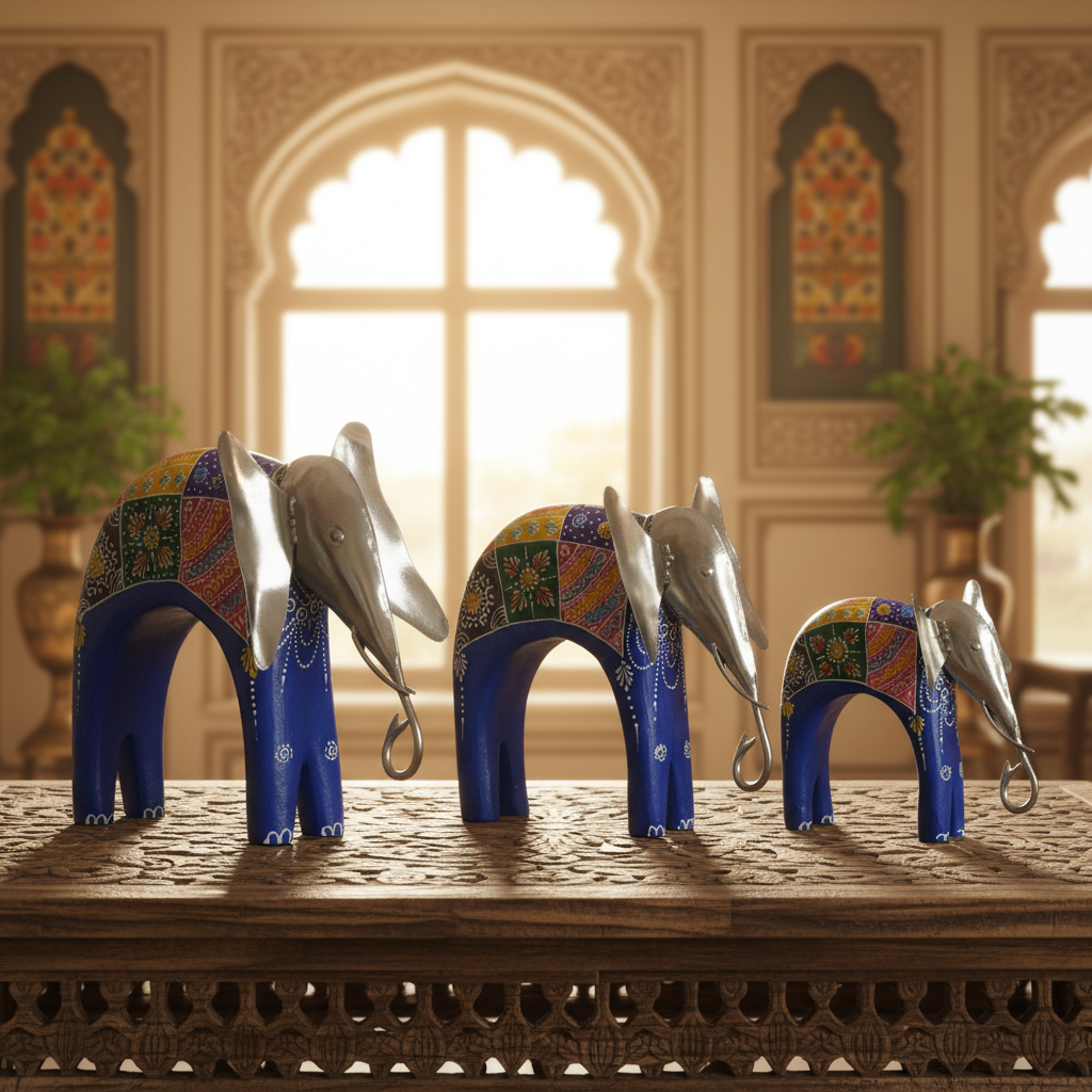 Decorative Handcrafted Elephant Figurine Set – Metal & Hand Painted Finish