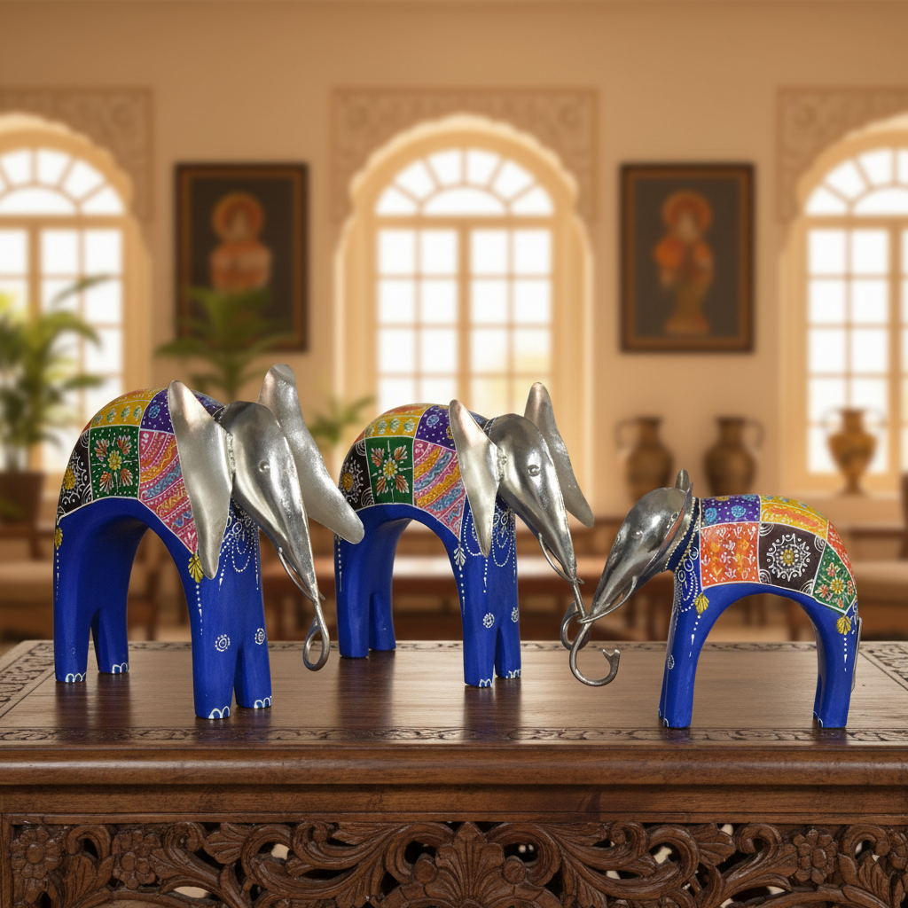 Decorative Handcrafted Elephant Figurine Set – Metal & Hand Painted Finish