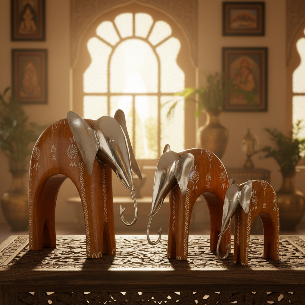 Decorative Handcrafted Elephant Figurine Set – Metal & Hand Painted Finish