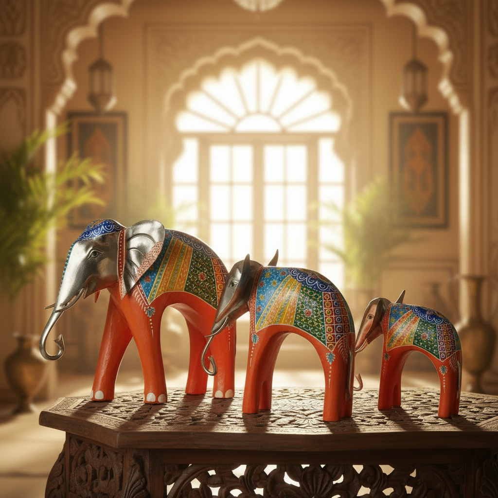 Decorative Handcrafted Elephant Figurine Set – Metal & Hand Painted Finish