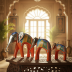 Decorative Handcrafted Elephant Figurine Set – Metal & Hand Painted Finish