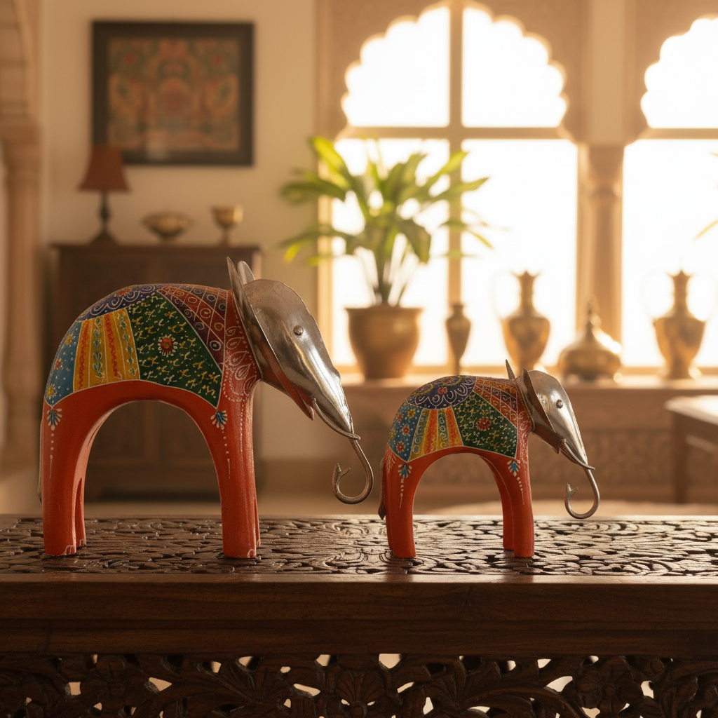 Decorative Handcrafted Elephant Figurine Set – Metal & Hand Painted Finish
