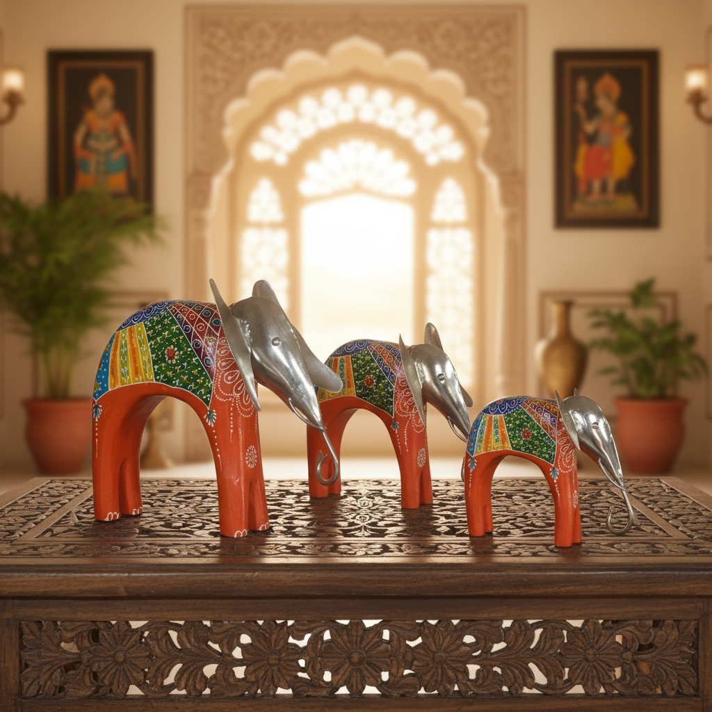 Decorative Handcrafted Elephant Figurine Set – Metal & Hand Painted Finish