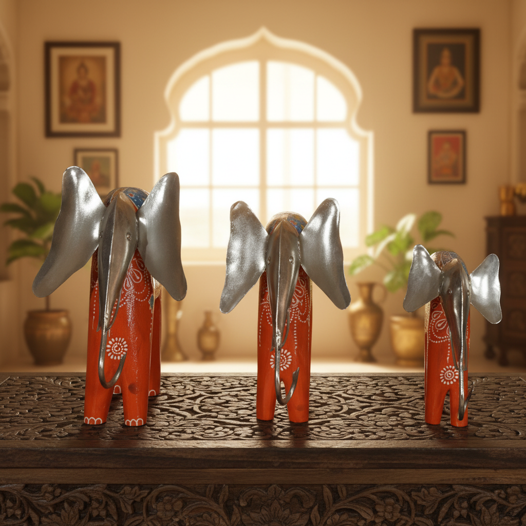 Decorative Handcrafted Elephant Figurine Set – Metal & Hand Painted Finish