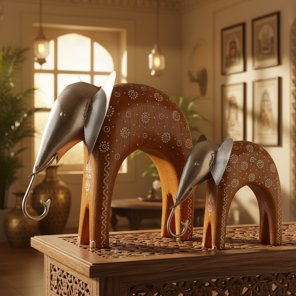 Decorative Handcrafted Elephant Figurine Set – Metal & Hand Painted Finish