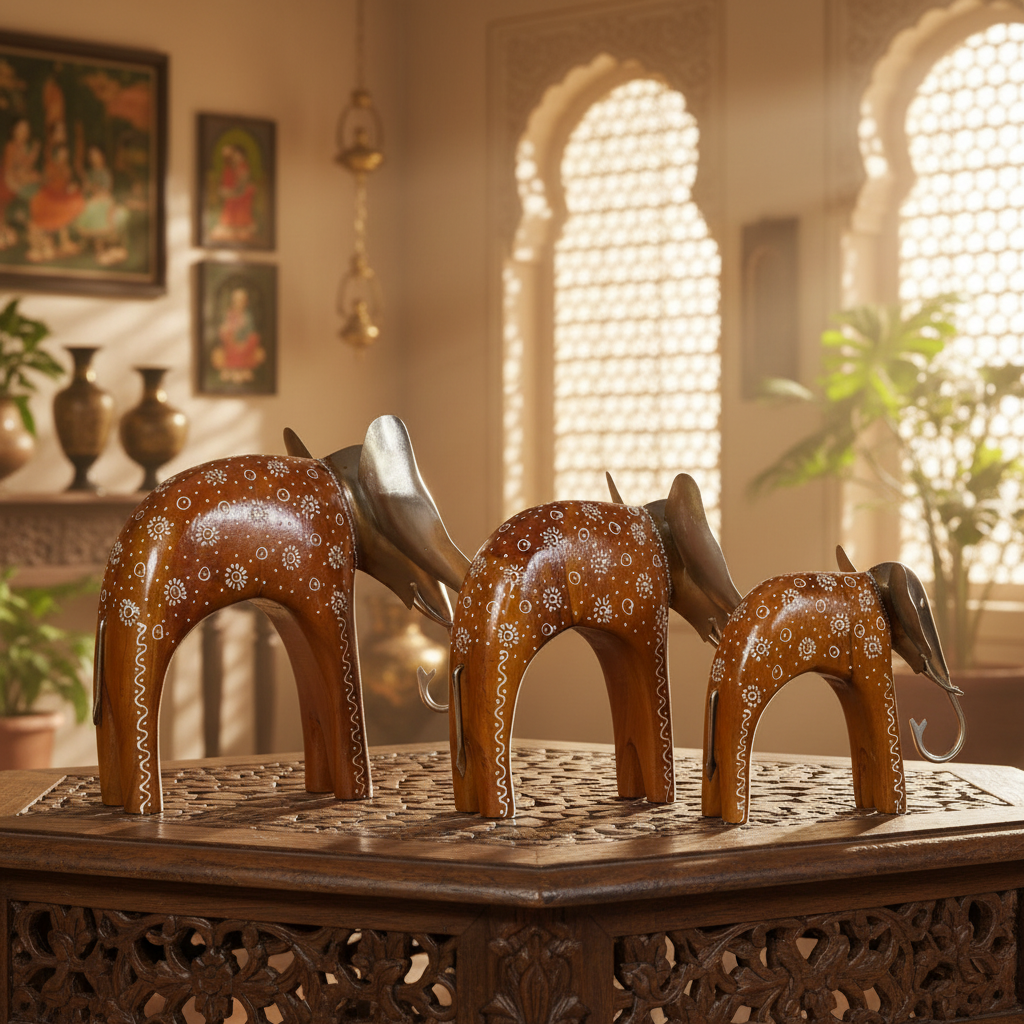Decorative Handcrafted Elephant Figurine Set – Metal & Hand Painted Finish