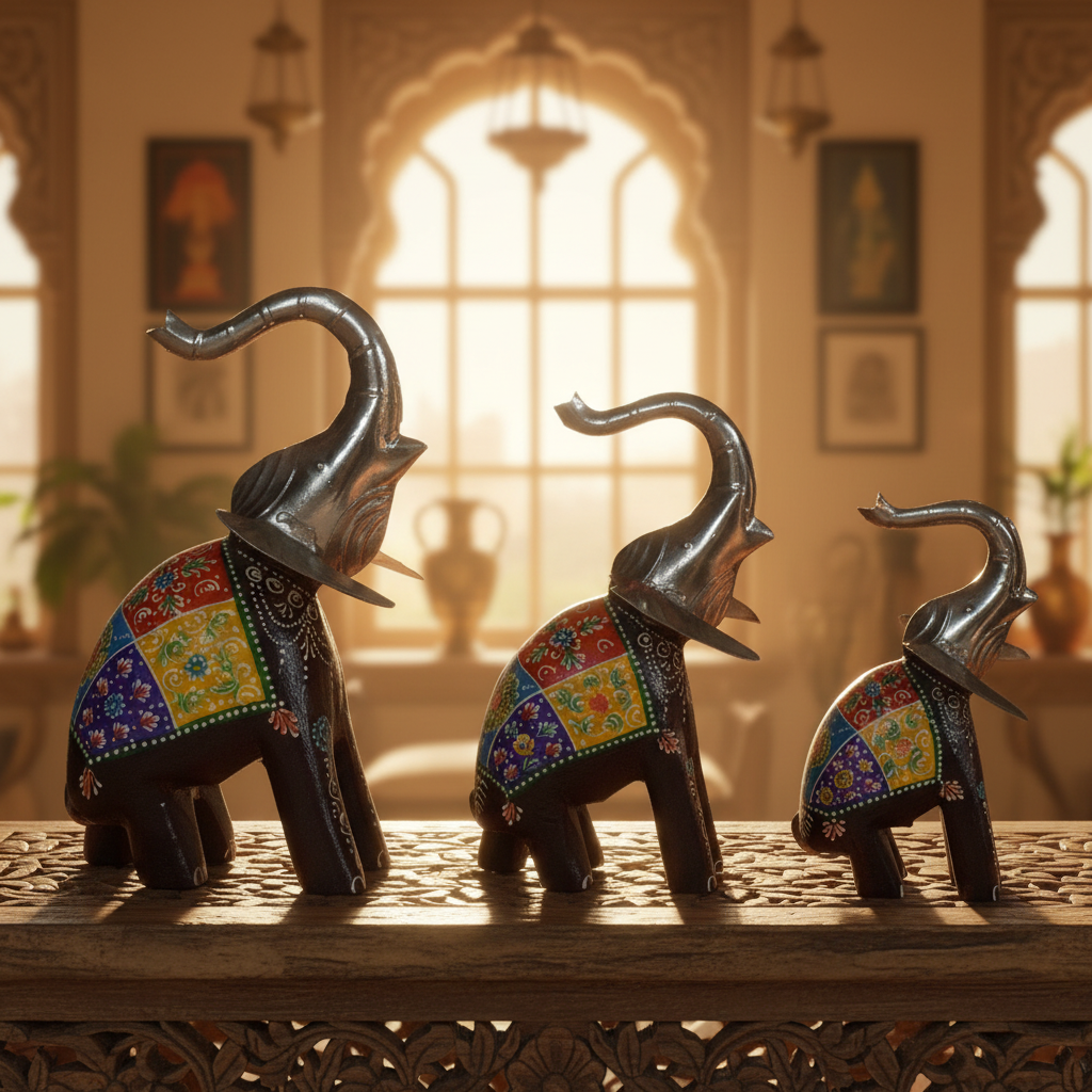 Decorative Handcrafted Elephant Figurine Set – Metal & Hand Painted Finish