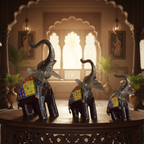 Decorative Handcrafted Elephant Figurine Set – Metal & Hand Painted Finish