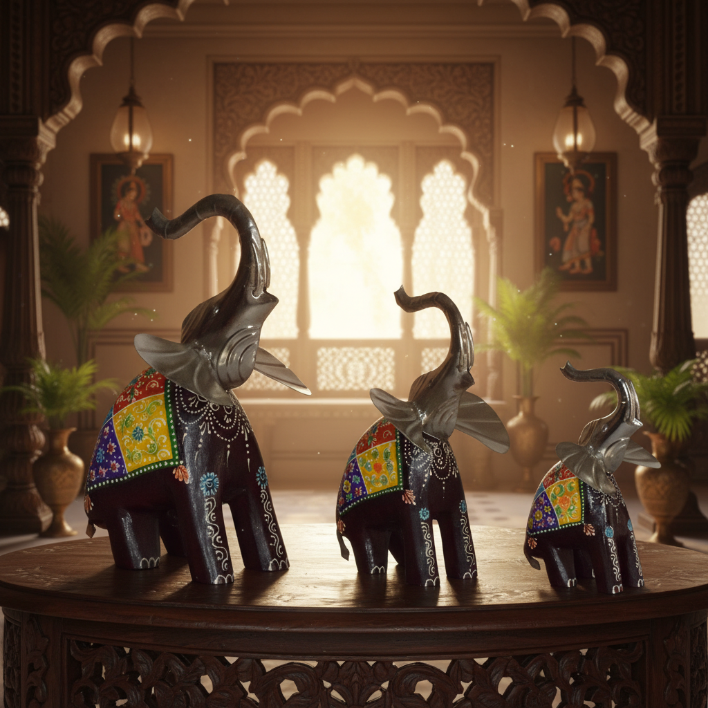 Decorative Handcrafted Elephant Figurine Set – Metal & Hand Painted Finish