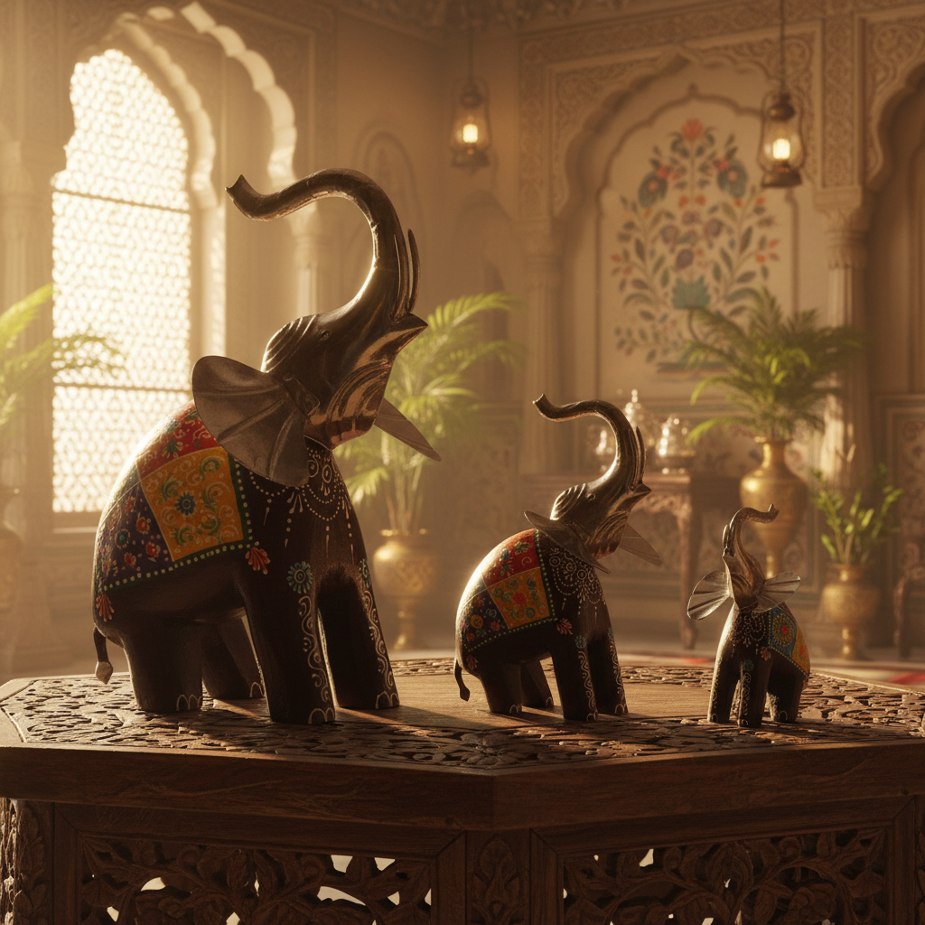 Decorative Handcrafted Elephant Figurine Set – Metal & Hand Painted Finish