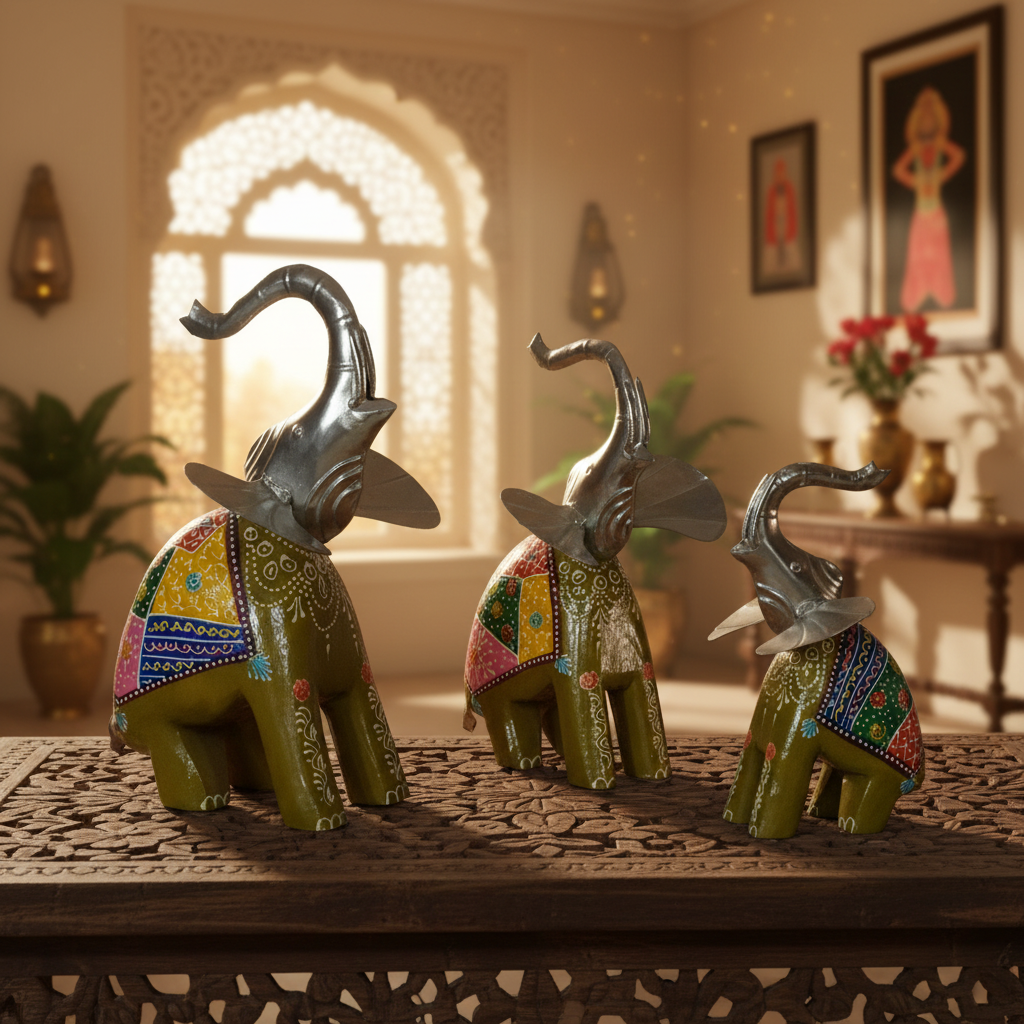 Decorative Handcrafted Elephant Figurine Set – Metal & Hand Painted Finish