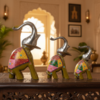 Decorative Handcrafted Elephant Figurine Set – Metal & Hand Painted Finish