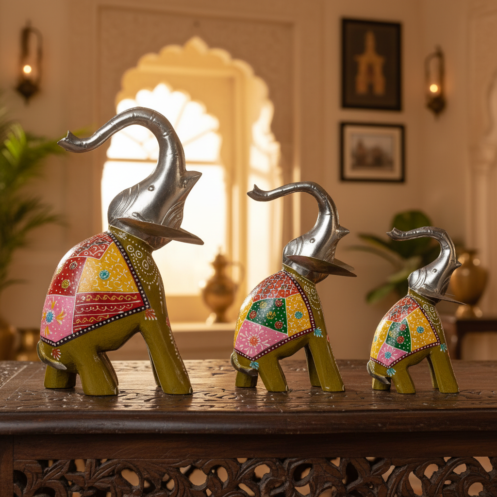 Decorative Handcrafted Elephant Figurine Set – Metal & Hand Painted Finish