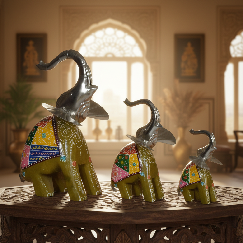 Decorative Handcrafted Elephant Figurine Set – Metal & Hand Painted Finish