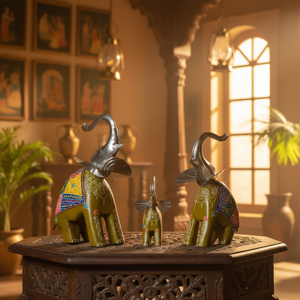 Decorative Handcrafted Elephant Figurine Set – Metal & Hand Painted Finish