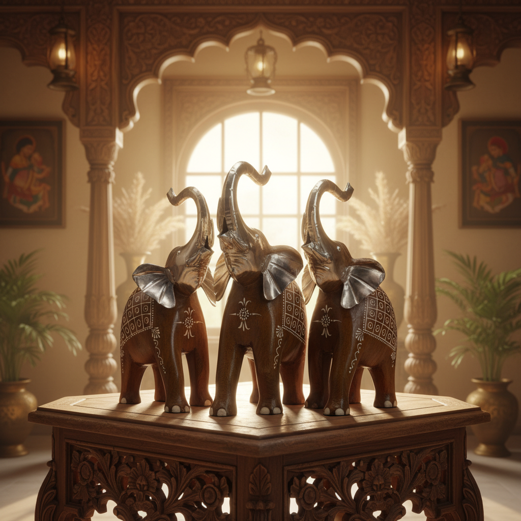 Decorative Handcrafted Elephant Figurine Set – Metal & Hand Painted Finish