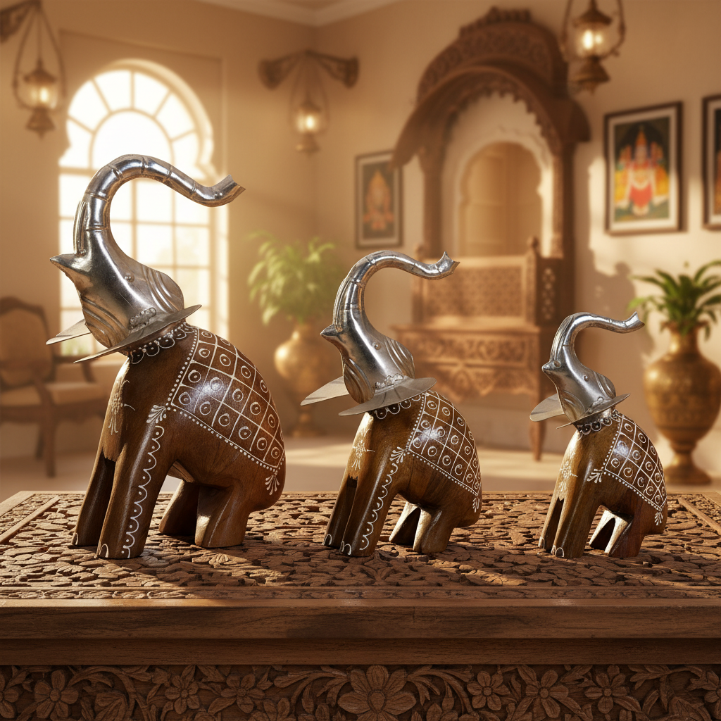 Decorative Handcrafted Elephant Figurine Set – Metal & Hand Painted Finish