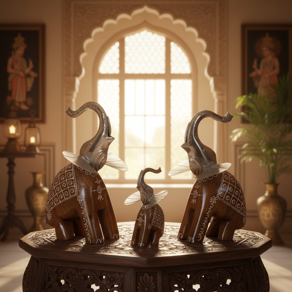 Decorative Handcrafted Elephant Figurine Set – Metal & Hand Painted Finish
