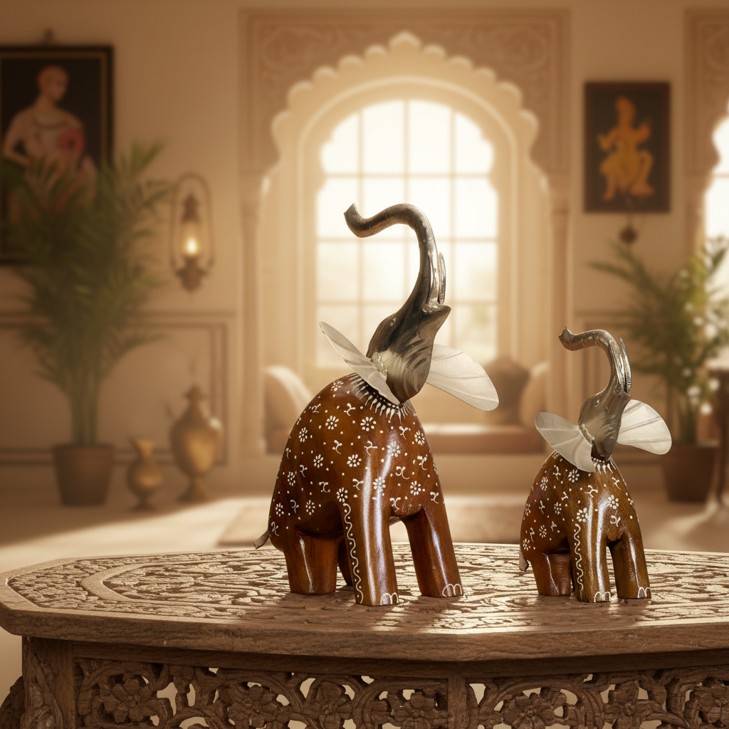 Decorative Handcrafted Elephant Figurine Set – Metal & Hand Painted Finish