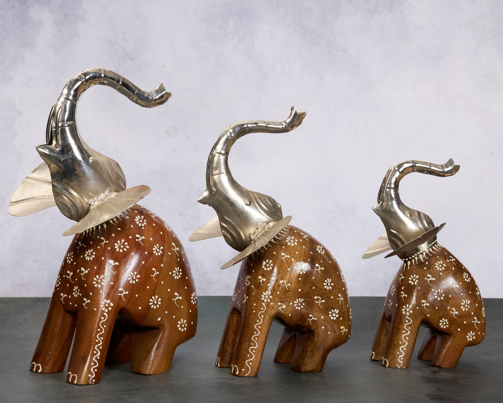 Decorative Handcrafted Elephant Figurine Set – Metal & Hand Painted Finish