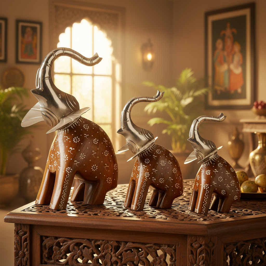 Decorative Handcrafted Elephant Figurine Set – Metal & Hand Painted Finish