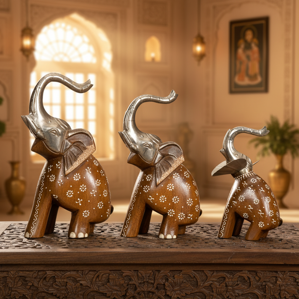 Decorative Handcrafted Elephant Figurine Set – Metal & Hand Painted Finish