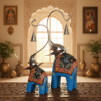 Decorative Handcrafted Elephant Figurine Set with Hanging Bell – Metal & Hand Painted Finish