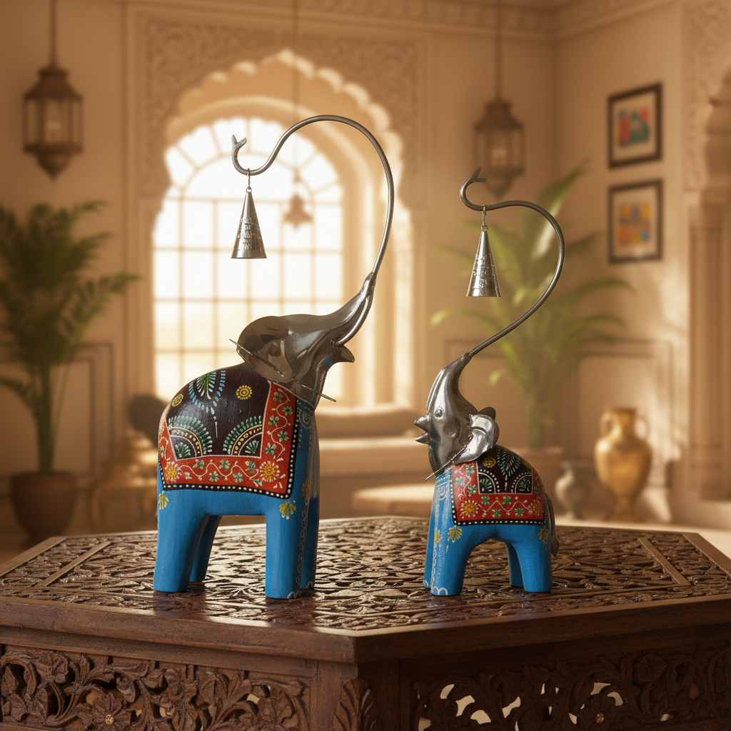 Decorative Handcrafted Elephant Figurine Set with Hanging Bell – Metal & Hand Painted Finish