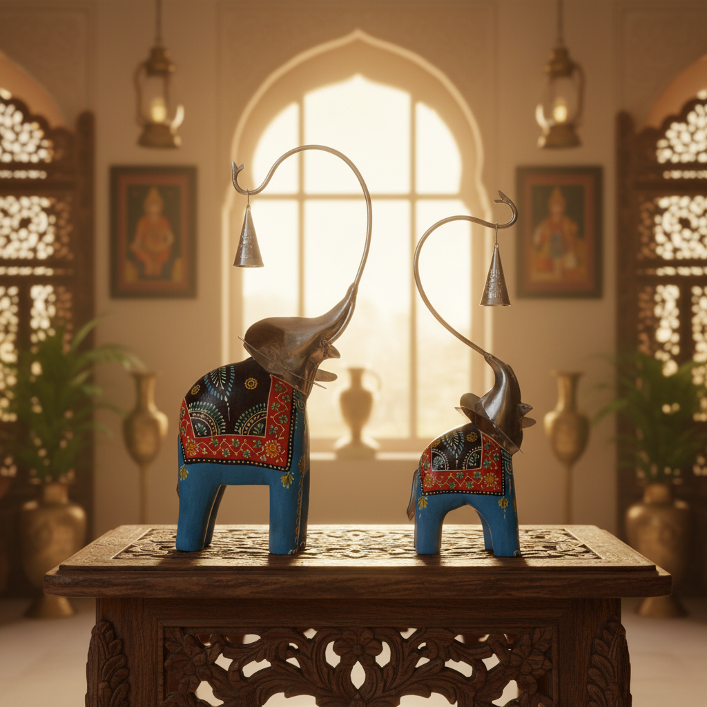 Decorative Handcrafted Elephant Figurine Set with Hanging Bell – Metal & Hand Painted Finish