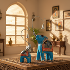 Decorative Handcrafted Elephant Figurine Set with Hanging Bell – Metal & Hand Painted Finish