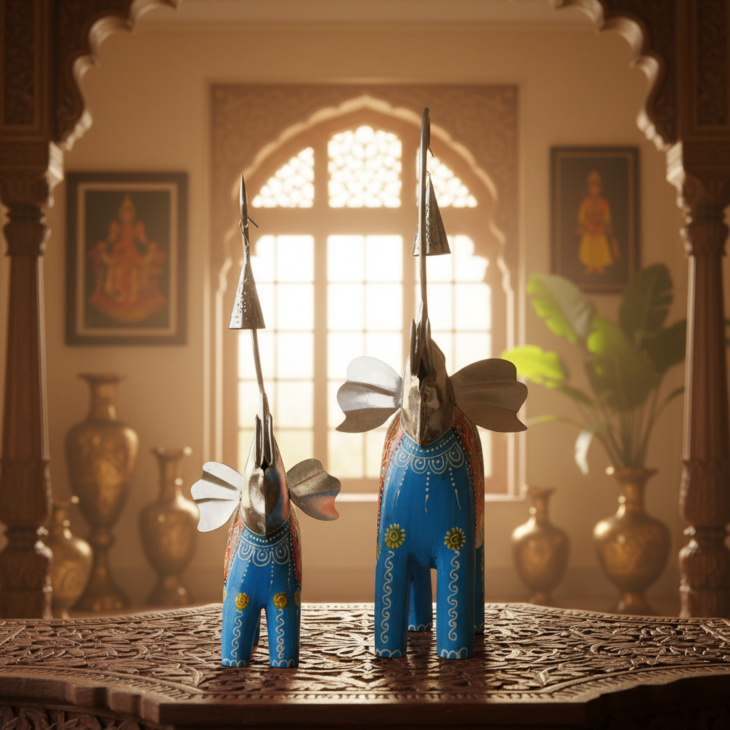 Decorative Handcrafted Elephant Figurine Set with Hanging Bell – Metal & Hand Painted Finish