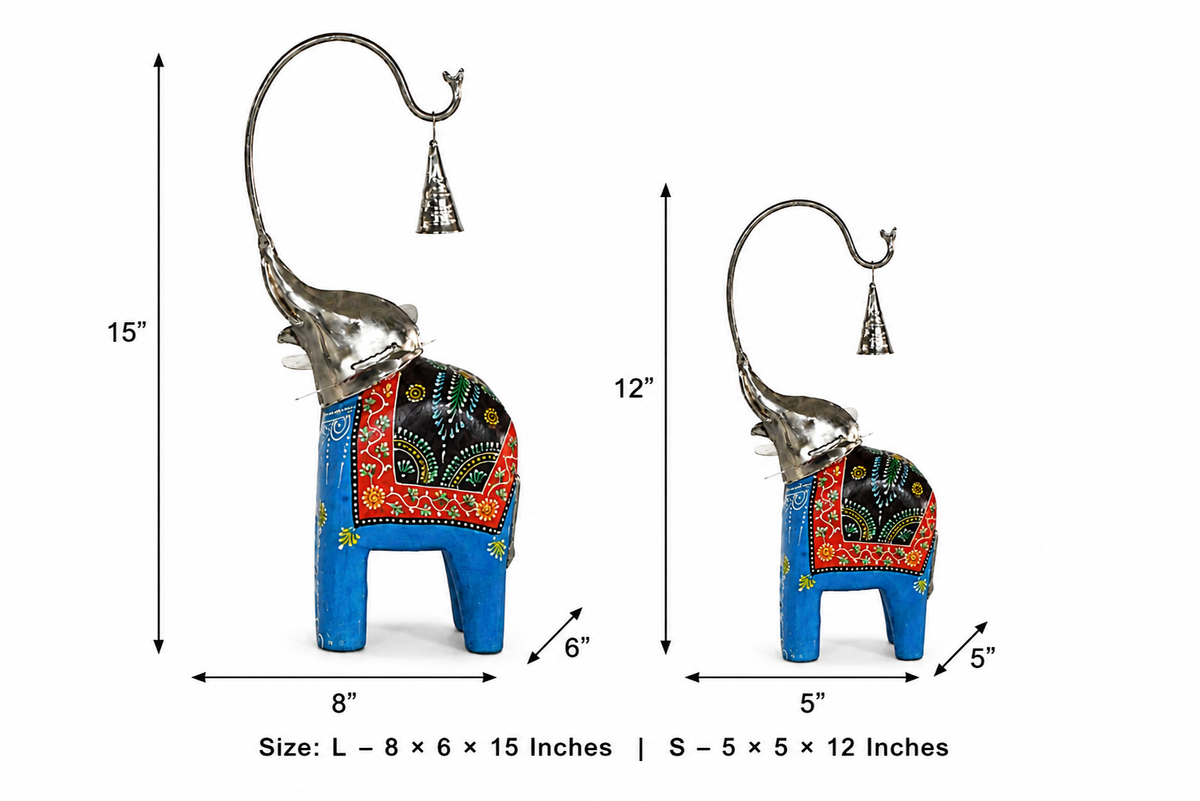Decorative Handcrafted Elephant Figurine Set with Hanging Bell – Metal & Hand Painted Finish