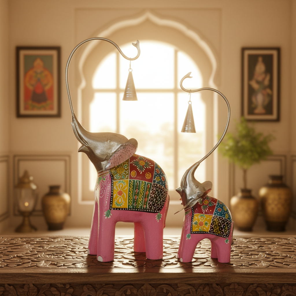 Decorative Handcrafted Elephant Figurine Set with Hanging Bell – Metal & Hand Painted Finish